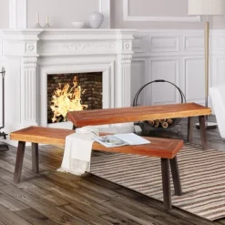 Costway Set Of 2 Patio Acacia Wood Dining Bench With Rustic Steel Legs Outdoor Indoor -Costway GUEST 0f9053e4 a831 4bfc 9155 694f393ac4d4