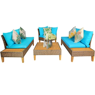 Costway 8PCS Patio Rattan Furniture Set Loveseat W/Wooden Side Table Cushioned Turquoise 7 Costway 8PCS Patio Rattan Furniture Set Loveseat W/Wooden Side Table Cushioned Turquoise - Image 7