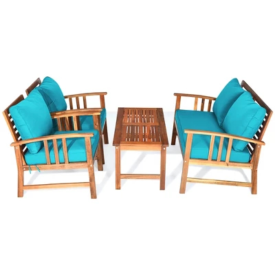 Costway 4PCS Wooden Patio Furniture Set Table Sofa Chair Cushioned Garden Turquoise 8 Costway 4PCS Wooden Patio Furniture Set Table Sofa Chair Cushioned Garden Turquoise - Image 8