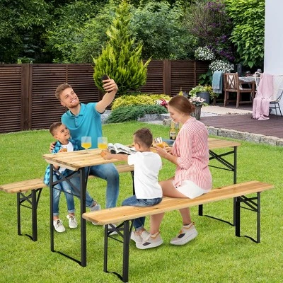 Costway 3 PCS Beer Table Bench Set Folding Wooden Top Picnic Table Patio Garden 4 Costway 3 PCS Beer Table Bench Set Folding Wooden Top Picnic Table Patio Garden - Image 4