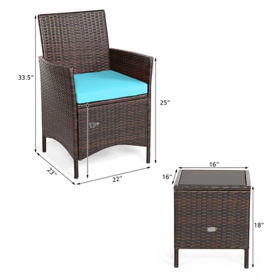 Costway 3PCS Patio Rattan Furniture Set Cushioned Sofa Glass Tabletop Deck RedBlue White 3 Costway 3PCS Patio Rattan Furniture Set Cushioned Sofa Glass Tabletop Deck RedBlue White - Image 3