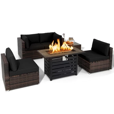 Costway 6PCS Patio Rattan Furniture Set 42'' Fire Pit Table Cover Sofa Cushion Off White/Black/Navy/Red/Turquoise 2 Costway 6PCS Patio Rattan Furniture Set 42'' Fire Pit Table Cover Sofa Cushion Off White/Black/Navy/Red/Turquoise - Image 2