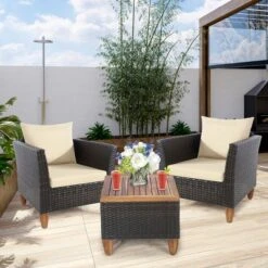 Costway 3PCS Patio Wicker Rattan Sofa Set Furniture Outdoor Acacia Wood Conversation -Costway GUEST 11de5c29 cd15 4430 beb0 e0f58b7eb1b7