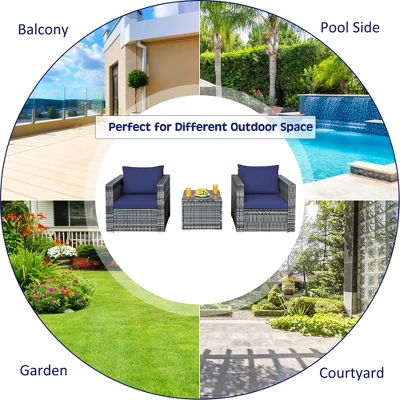 Costway 3 PC Patio Rattan Furniture Bistro Set Cushioned Sofa Chair Table WhiteNavy 3 Costway 3 PC Patio Rattan Furniture Bistro Set Cushioned Sofa Chair Table WhiteNavy - Image 3