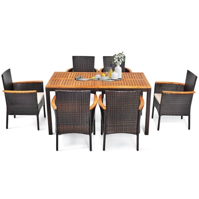 Costway 7PCS Patio Rattan Dining Set Armrest Cushioned Chair Wooden Tabletop 9 Costway 7PCS Patio Rattan Dining Set Armrest Cushioned Chair Wooden Tabletop - Image 9