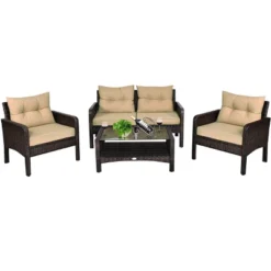 Costway 4PCS Patio Rattan Furniture Set Loveseat Sofa Coffee Table Garden W/ Cushion -Costway GUEST 168c1151 2e2f 4617 8c88 5ac5e4016c8b