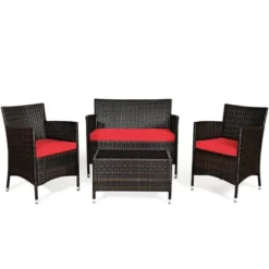 Costway 4PCS Patio Furniture Set Rattan Conversation Set W/ Tempered Glass Coffee Table Cushion Red -Costway GUEST 16eb7566 7138 4d70 b608 5ec12ec14c05