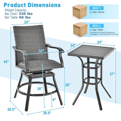 Costway 3PCS Patio Rattan Bar Table Stools Set Aluminum 360° Swivel Chairs With Padded Seat 3 Costway 3PCS Patio Rattan Bar Table Stools Set Aluminum 360° Swivel Chairs With Padded Seat - Image 3