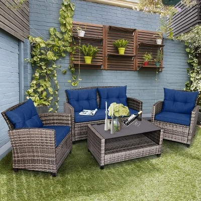 Costway 4 PCS/8PCS Patio Rattan Furniture Set Coffee Table Cushioned Sofa Garden Lawn Navy 11 Costway 4 PCS/8PCS Patio Rattan Furniture Set Coffee Table Cushioned Sofa Garden Lawn Navy - Image 11