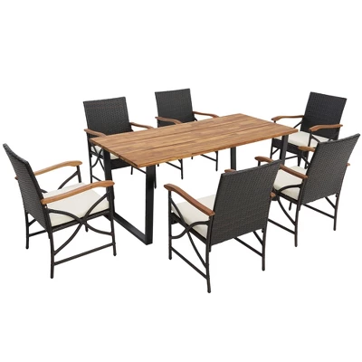 Costway 7 PCS Patio Rattan Dining Set Acacia Wood Table 6 Wicker Chairs With Umbrella Hole 9 Costway 7 PCS Patio Rattan Dining Set Acacia Wood Table 6 Wicker Chairs With Umbrella Hole - Image 9