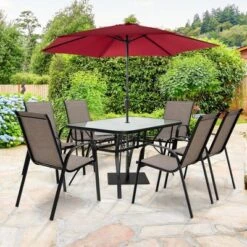 Costway 7PCS Patio Dining Set 6 Stackable Chairs Glass Table Umbrella Hole Yard