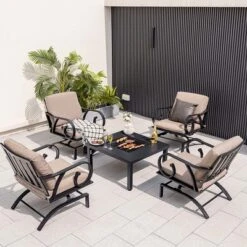 Costway 5pcs Patio Rocking Chairs 4-in-1 Fire Pit Table Heavy-Duty Conversation Outdoor