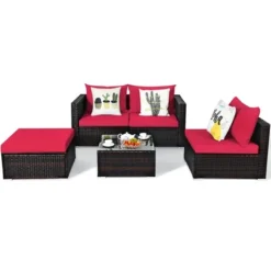 5PCS Patio Rattan Furniture Set Sectional Conversation Sofa W/ Coffee Table Red Navy -Costway GUEST 18afa9c1 d2e7 4f89 84b8 de16352bdfd5