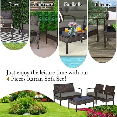 Costway 4PCS Patio Rattan Wicker Furniture Set Brown Loveseat Sofa Cushioned Garden Yard Brown 4 Costway 4PCS Patio Rattan Wicker Furniture Set Brown Loveseat Sofa Cushioned Garden Yard Brown - Image 4