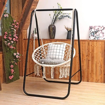 Costway Hanging Hammock Chair Macrame Swing Handwoven Cotton Backrest Garden Grey Black 2 Costway Hanging Hammock Chair Macrame Swing Handwoven Cotton Backrest Garden Grey Black - Image 2