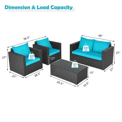 Costway 4PCS Patio Rattan Cushioned Sofa Chair Coffee Table Turquoise 2 Costway 4PCS Patio Rattan Cushioned Sofa Chair Coffee Table Turquoise - Image 2