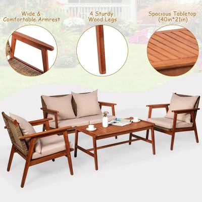 Costway 8PCS Patio Rattan Furniture Set Acacia Wood Frame Cushioned Sofa Chair Garden 6 Costway 8PCS Patio Rattan Furniture Set Acacia Wood Frame Cushioned Sofa Chair Garden - Image 6