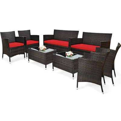 Costway 8PCS Rattan Patio Furniture Set Cushioned Sofa Chair Coffee Table 1 Costway 8PCS Rattan Patio Furniture Set Cushioned Sofa Chair Coffee Table