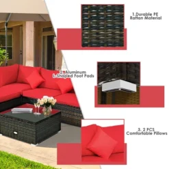 Costway 5PCS Patio Rattan Furniture Set Sectional Conversation Set W/Red Cushions -Costway GUEST 1afd0007 768b 4cb1 9532 5325eb65c9bf