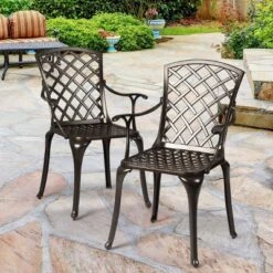 Costway Outdoor Cast Aluminum Arm Dining Chairs Set Of 2 Patio Bistro Chairs, Brown -Costway GUEST 1bc82fc2 c72b 4a9d 983e f9f0d0e5121a