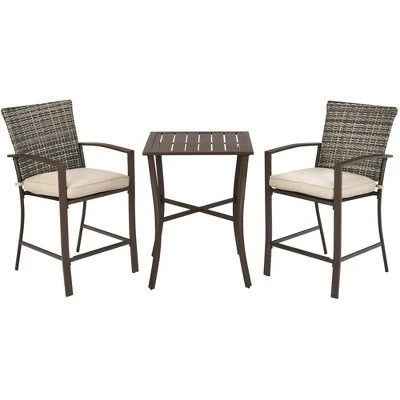 Costway 3PCS Patio Rattan Bar Furniture Set Slat Table 2 Cushioned Stools Poolside Brown 8 Costway 3PCS Patio Rattan Bar Furniture Set Slat Table 2 Cushioned Stools Poolside Brown - Image 8
