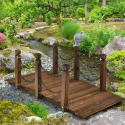 Costway 5 Ft Wooden Garden Bridge Arc Footbridge Stained Finish Walkway W/Rails -Costway GUEST 1c13fdb1 ad9b 4e7e b1ab ccfd86616146
