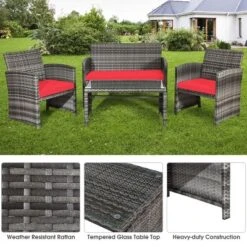 Costway 4PCS Patio Rattan Furniture Set Conversation Glass Table Top Cushioned TurquoiseRed -Costway GUEST 1cc87bd3 4b96 438e b4df 325f80544c78