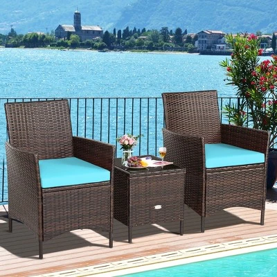 Costway 3PCS Patio Rattan Furniture Set Cushioned Sofa Glass Tabletop Deck RedBlue White 2 Costway 3PCS Patio Rattan Furniture Set Cushioned Sofa Glass Tabletop Deck RedBlue White - Image 2