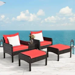Costway 5 PCS Patio Rattan Furniture Set Sofa Ottoman Table W/Cushion Garden Red -Costway GUEST 1d29bc32 8549 42c5 a457 1dfc570764de