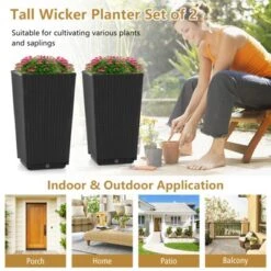 Costway 2PCS Outdoor Wicker Flower Pot 22.5''Tall Planters With Drainage Hole Black/Coffee -Costway GUEST 1e2478ca b3be 4d28 a931 120b40261456