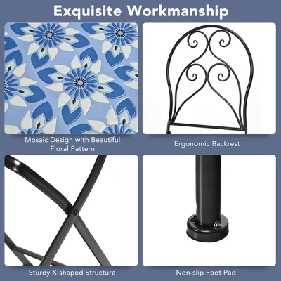 Costway 3PCS Patio Bistro Furniture Set Folding Chair Mosaic Design Garden Blue 6 Costway 3PCS Patio Bistro Furniture Set Folding Chair Mosaic Design Garden Blue - Image 6