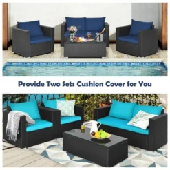 Costway 4PCS Patio Rattan Furniture Set Cushioned Sofa Loveseat With Navy & Turquoise Cover -Costway GUEST 1ec117fb e4bb 4787 9bc0 22e148442547