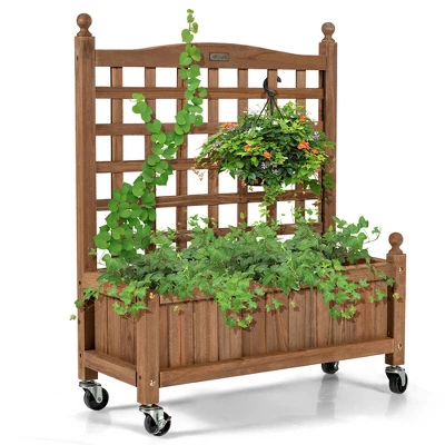 Costway 32in Wood Planter Box W/Trellis Mobile Raised Bed For Climbing Plant 11 Costway 32in Wood Planter Box W/Trellis Mobile Raised Bed For Climbing Plant - Image 11