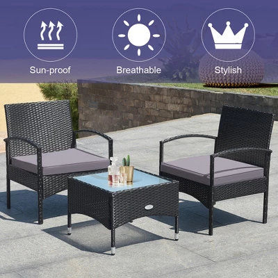 Costway 3 PCS Patio Wicker Rattan Furniture Set Coffee Table & 2 Rattan Chair W/Cushion 4 Costway 3 PCS Patio Wicker Rattan Furniture Set Coffee Table & 2 Rattan Chair W/Cushion - Image 4