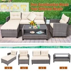 Costway 4PCS Patio Rattan Furniture Set Sofa Ottoman Cushion Garden Deck White/Gray -Costway GUEST 207caa44 3199 476e a9e4 007961b56af0