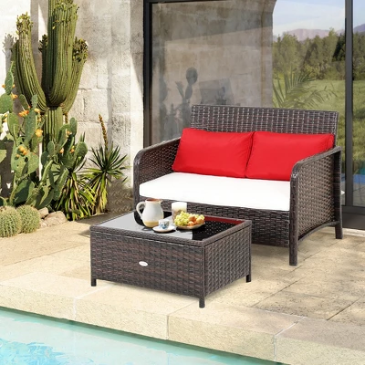 Costway 2PCS Patio Rattan Wicker Love-seat Coffee Table Set Cushioned Bench Garden Deck 3 Costway 2PCS Patio Rattan Wicker Love-seat Coffee Table Set Cushioned Bench Garden Deck - Image 3