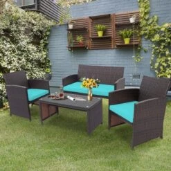 Costway 4PCS Patio Rattan Furniture Set Cushioned Chair Sofa Coffee Table White/Navy/Turquoise/Red -Costway GUEST 20ee4772 40c0 4ee2 b508 0fc0db6b455d