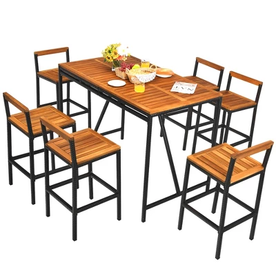 Costway 7PCS Patio Rattan Bar Set Acacia Wood Frame Stools Table Umbrella Hole 3 Costway 7PCS Patio Rattan Bar Set Acacia Wood Frame Stools Table Umbrella Hole - Image 3