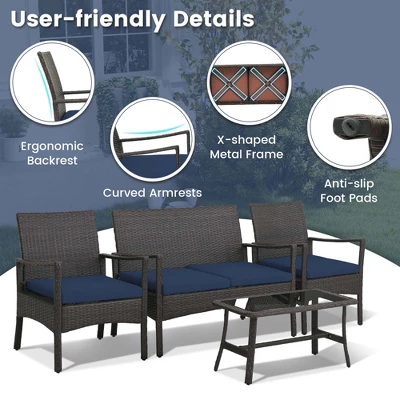 Costway 4PCS Patio Rattan Wicker Furniture Set Cushioned Sofa Armrest Coffee Table Navy 6 Costway 4PCS Patio Rattan Wicker Furniture Set Cushioned Sofa Armrest Coffee Table Navy - Image 6