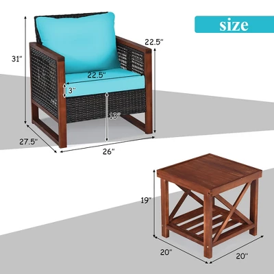 Costway 3PCS Patio Wicker Furniture Set Solid Wood Frame Cushion Sofa W/ Square Table Shelf 3 Costway 3PCS Patio Wicker Furniture Set Solid Wood Frame Cushion Sofa W/ Square Table Shelf - Image 3