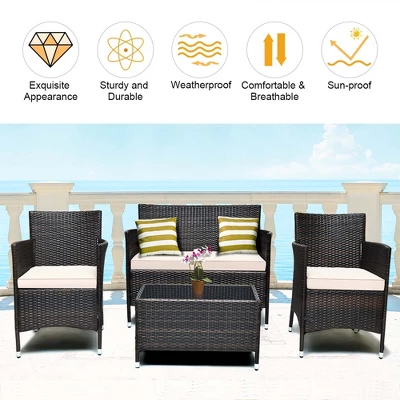 Costway 8PCS Patio Wicker Furniture Set Sofa Chair With Brown & Red Cushion Covers Garden 4 Costway 8PCS Patio Wicker Furniture Set Sofa Chair With Brown & Red Cushion Covers Garden - Image 4