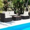 Costway 5PCS Patio Rattan Furniture Set Acacia Wood Table Top Sofa Cushion Deck