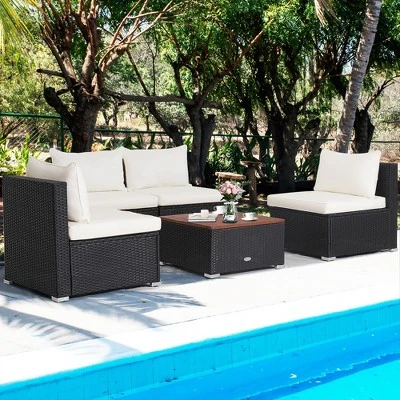 Costway 5PCS Patio Rattan Furniture Set Acacia Wood Table Top Sofa Cushion Deck 1 Costway 5PCS Patio Rattan Furniture Set Acacia Wood Table Top Sofa Cushion Deck