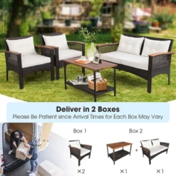 Costway 4PCS Patio Rattan Acacia Wood Furniture Set Cushion Sofa Armrest Deck -Costway GUEST 22dab0ee e22b 416e b4cf 019f3d5d55df