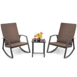 Costway 3PCS Patio Rattan Rocking Chair Table Furniture Set Yard Cushion