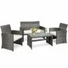 Costway 4PCS Patio Rattan Furniture Set Conversation Glass Table Top Cushioned Sofa White