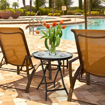 Costway Patio Folding Round Glass Side Table Bistro Coffee Table Plant Stand 2 Costway Patio Folding Round Glass Side Table Bistro Coffee Table Plant Stand - Image 2