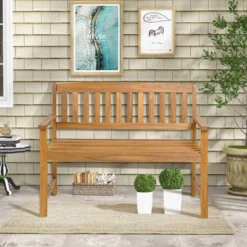 Costway Patio Acacia Wood Bench 2-Person Slatted Seat Backrest 800 Lbs Outdoor Natural