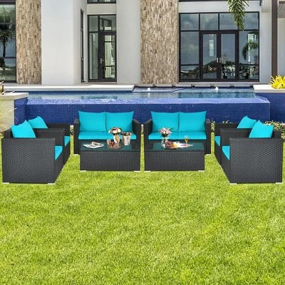 Costway 8PCS Patio Rattan Furniture Set Cushioned Sofa Chair Coffee Table TurquoiseRedBlack 12 Costway 8PCS Patio Rattan Furniture Set Cushioned Sofa Chair Coffee Table TurquoiseRedBlack - Image 12