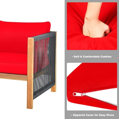 Costway 4PCS Wooden Patio Furniture Set Cushioned Sofa W/Rope Armrest WhiteTurquoiseRed 5 Costway 4PCS Wooden Patio Furniture Set Cushioned Sofa W/Rope Armrest WhiteTurquoiseRed - Image 5